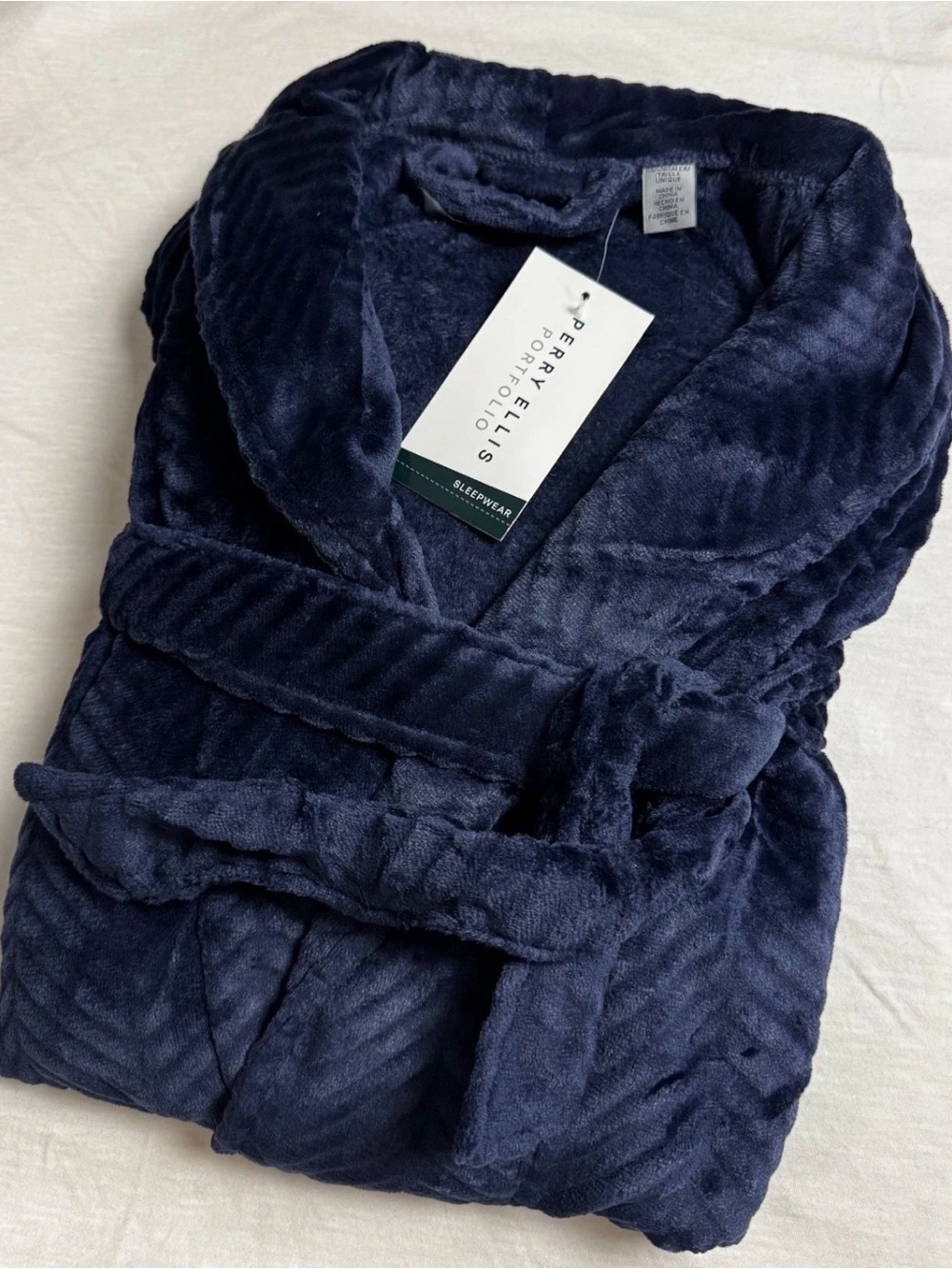 Perry Ellis Men's Herringbone Textured Soft Fleece Robe Navy Blue NEW O/S